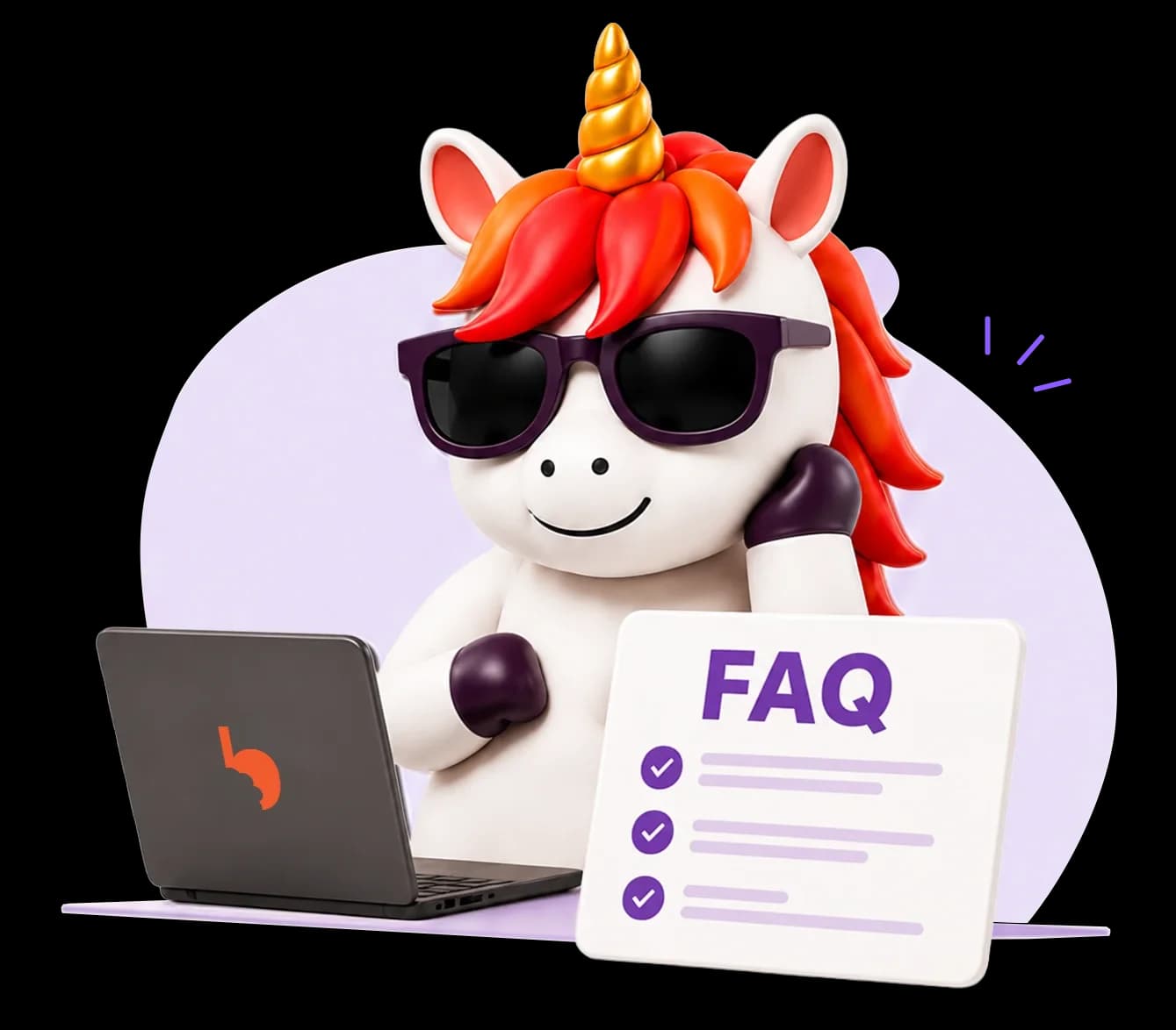 BB the unicorn answering FAQs at a laptop