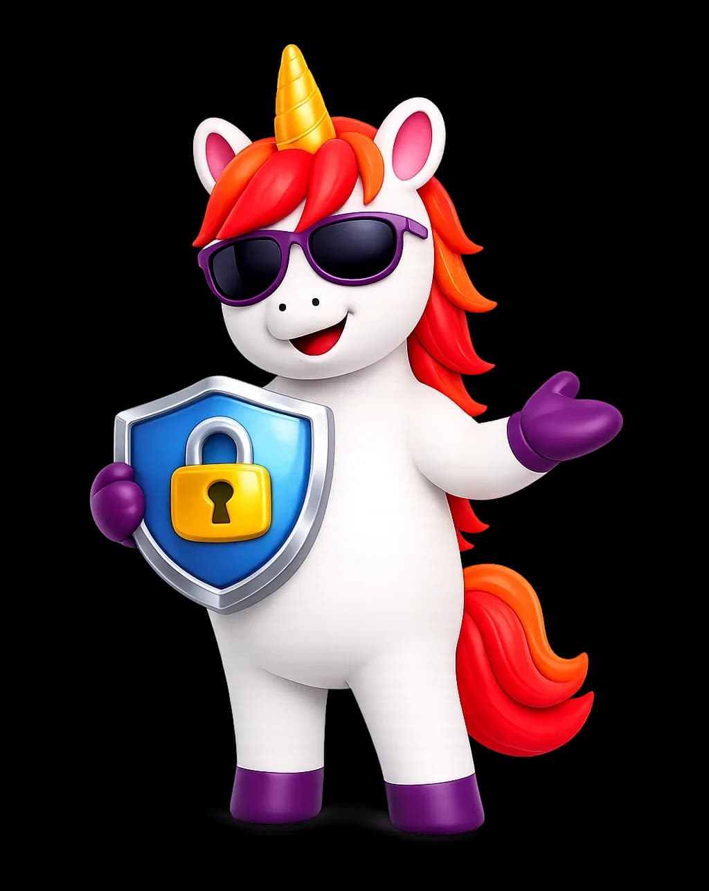 BB the unicorn holding a padlock shield