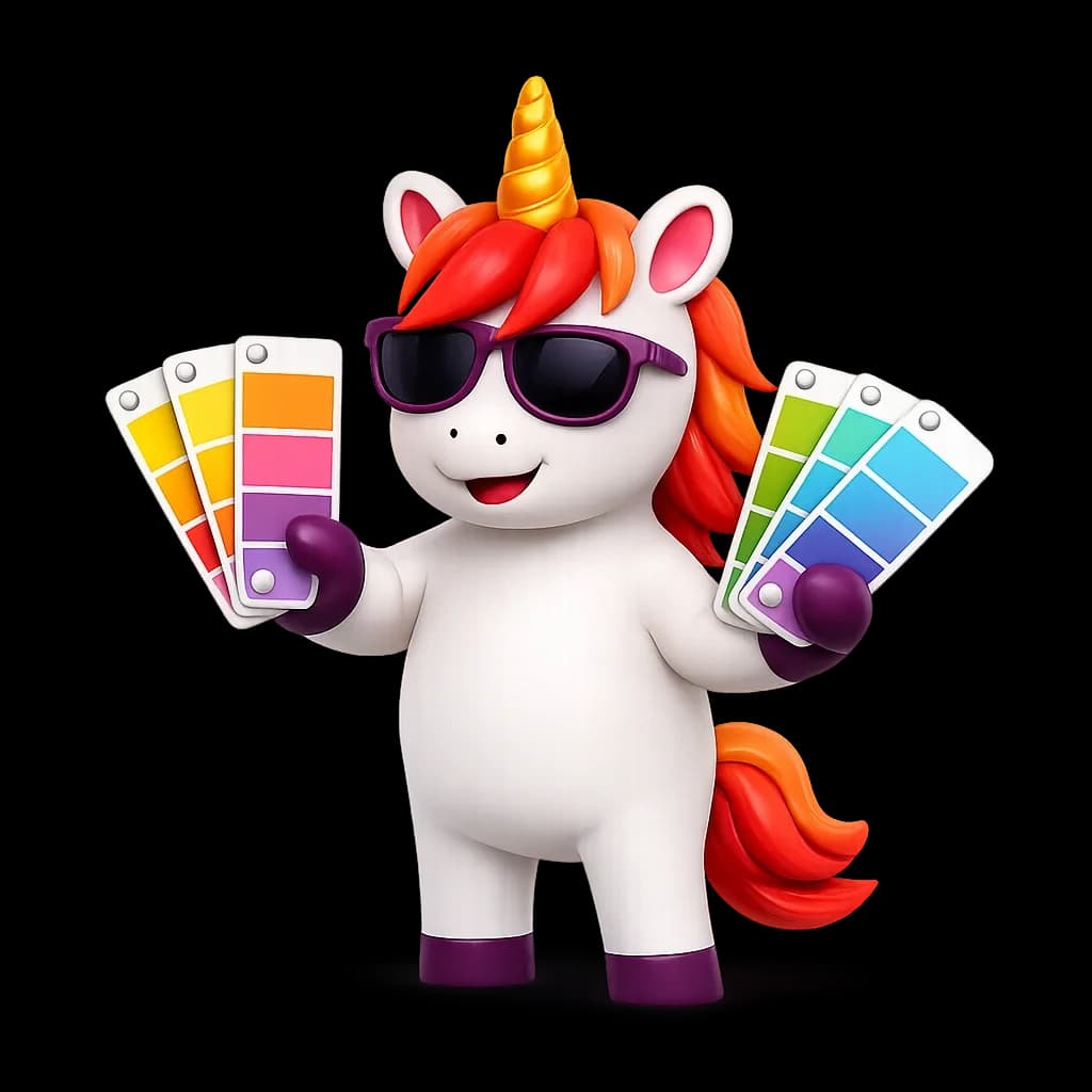 BB the unicorn holding color swatch fans